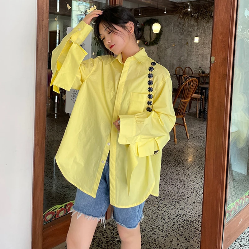 SHENGPALAE Yellow Sunscreen Blouse Women's Summer 2021 New Laple Large Size Single Breasted Long Sleeve Shirt Female Fashion 
SHENGPALAE Yellow Sunscreen Blouse Women's Summer 2021 New Laple Large Size Single Breasted Long Sleeve Shirt Female Fashion