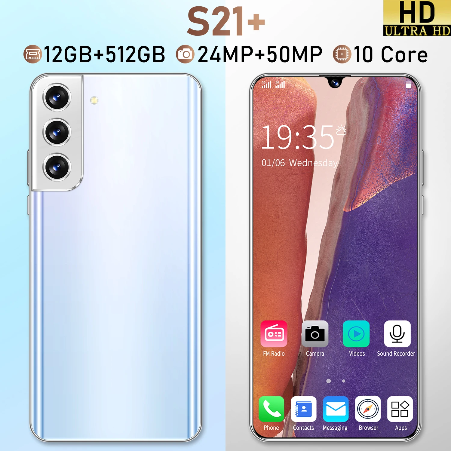 Global Version S21+ 6.6 Inch Smartphone MTK 6889 10 Core 12+512GB 24+50MP Face unlock Dual SIM 4G LTE 5GMobile Phone
Global Version S21+ 6.6 Inch Smartphone MTK 6889 10 Core 12+512GB 24+50MP Face unlock Dual SIM 4G LTE 5GMobile Phone