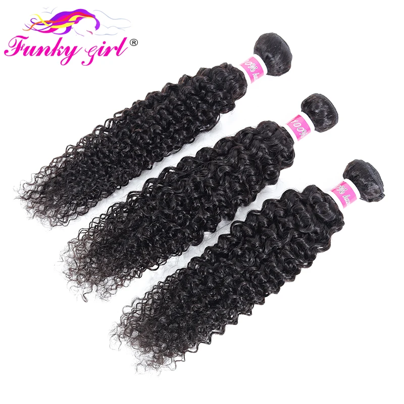 Funky Girl Brazilian Kinky Curly Hair Extensions 100% Human Weave Bundles 1/3/4 Deals Non-Remy Natural Color | Шиньоны и парики