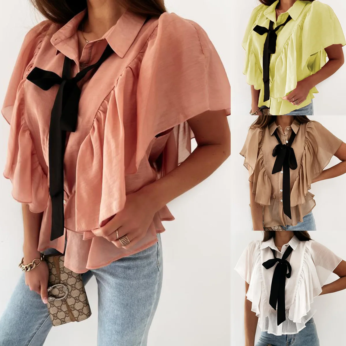 Summer New 2021 Women Fashion Ruffles Short Sleeve Lapel Chiffon Shirts Ladies Casual Bow-Tie Blouse Shirts Tops Streetwear
Summer New 2021 Women Fashion Ruffles Short Sleeve Lapel Chiffon Shirts Ladies Casual Bow-Tie Blouse Shirts Tops Streetwear