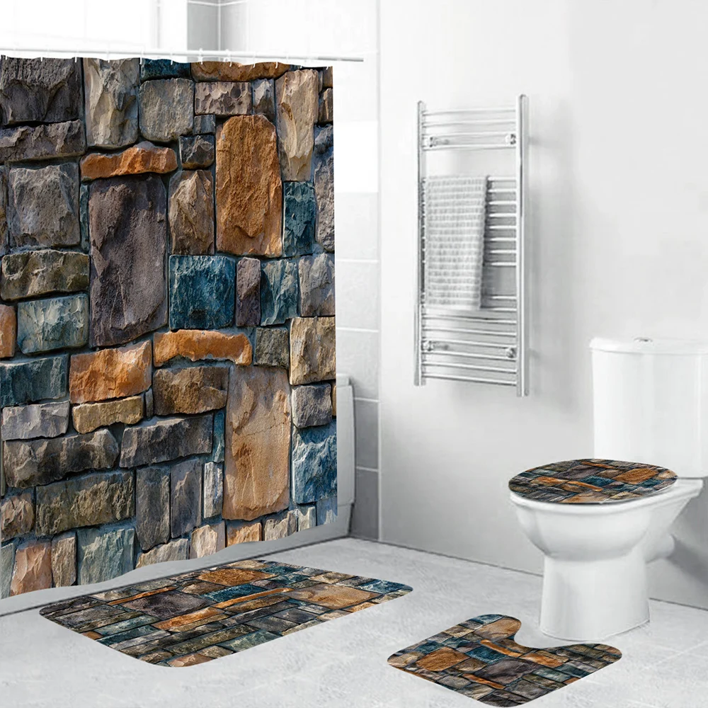 Colorful Stone Wall Print Shower Curtain Carpet Cover Bath Mat Pad Toilet Cover 4 Piece Bathroom Set 
Colorful Stone Wall Print Shower Curtain Carpet Cover Bath Mat Pad Toilet Cover 4 Piece Bathroom Set