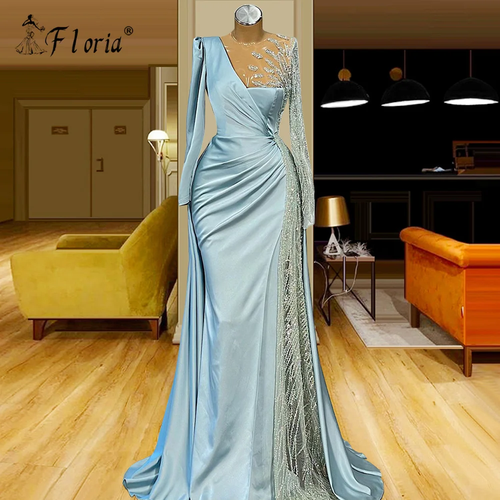 Elegant Sky Blue Evening Dresses 2021 Satin Long Sleeves Beaded Prom Dress Long Pleates Formal Gown Party Wear robe de soiree
Elegant Sky Blue Evening Dresses 2021 Satin Long Sleeves Beaded Prom Dress Long Pleates Formal Gown Party Wear robe de soiree