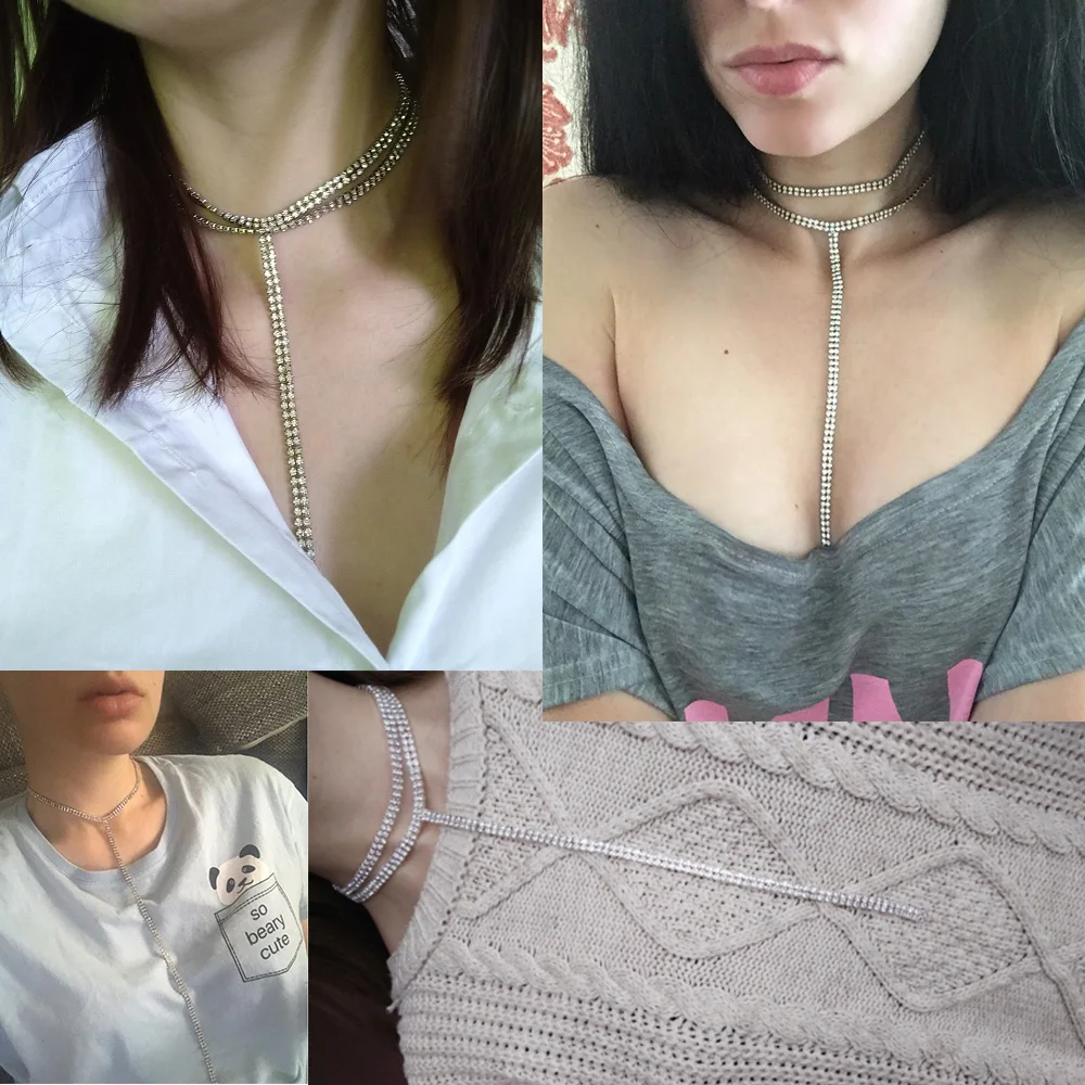 2018 Стразы Двойной Чокер ожерелья Лариат цепочка подвеска 90s Колье женское