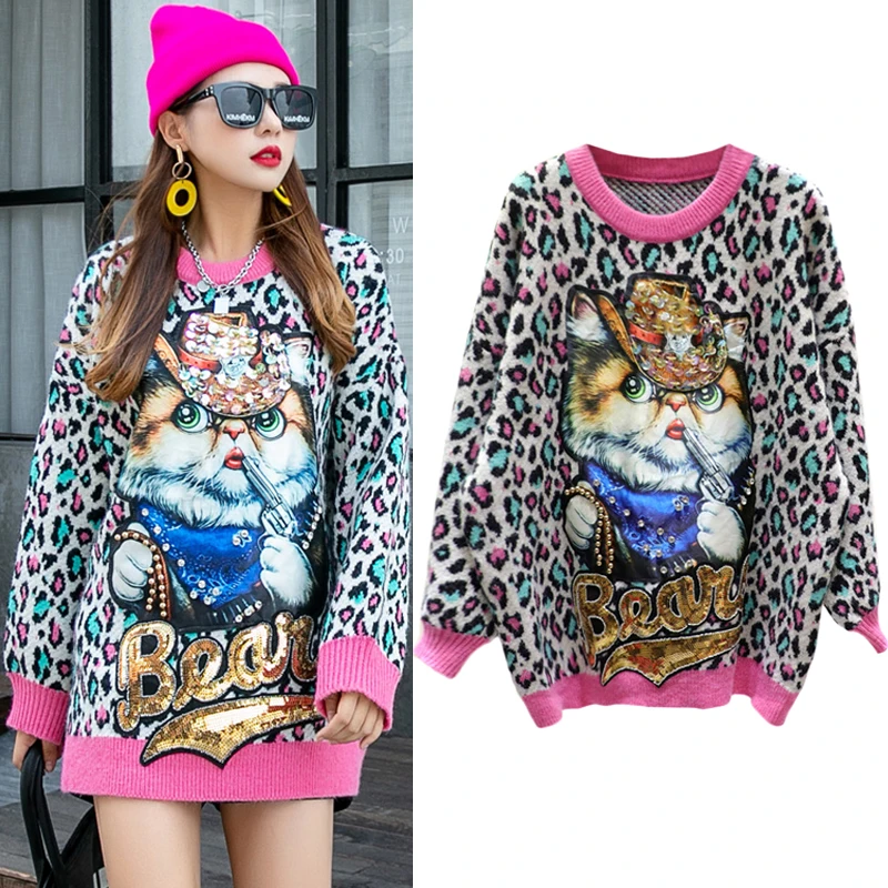 Leopard Patchwork Color Round Collar Women's Sweater Winter Warm Sequined Cartoon Appliques Knitting Plus Size Loose Pullover
Leopard Patchwork Color Round Collar Women's Sweater Winter Warm Sequined Cartoon Appliques Knitting Plus Size Loose Pullover