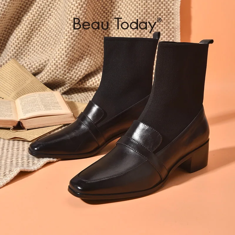 BeauToday Sock Boots Women Cow Leather Knit Fabric Waxing Square Toe Slip-On Mid Heel Spring Autumn Female Shoes Handmade 03887 
BeauToday Sock Boots Women Cow Leather Knit Fabric Waxing Square Toe Slip-On Mid Heel Spring Autumn Female Shoes Handmade 03887