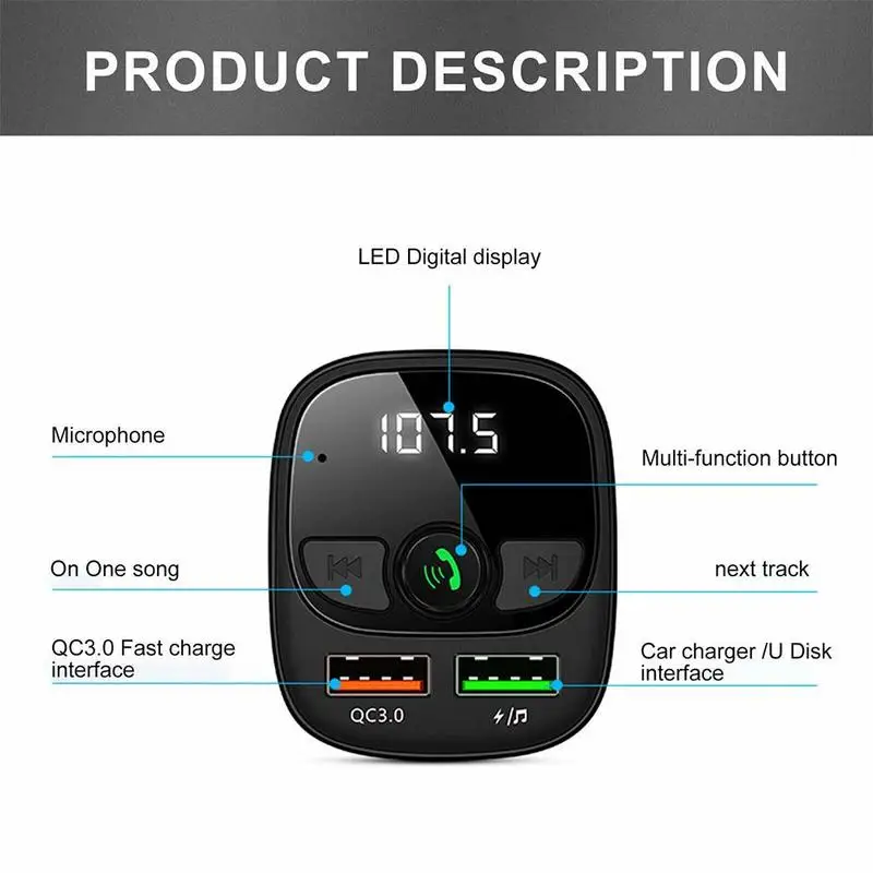Wireless bluetooth car FM transmitter wireless hands-free adapter USB QC3.0 charger I9Q1 
Wireless bluetooth car FM transmitter wireless hands-free adapter USB QC3.0 charger I9Q1