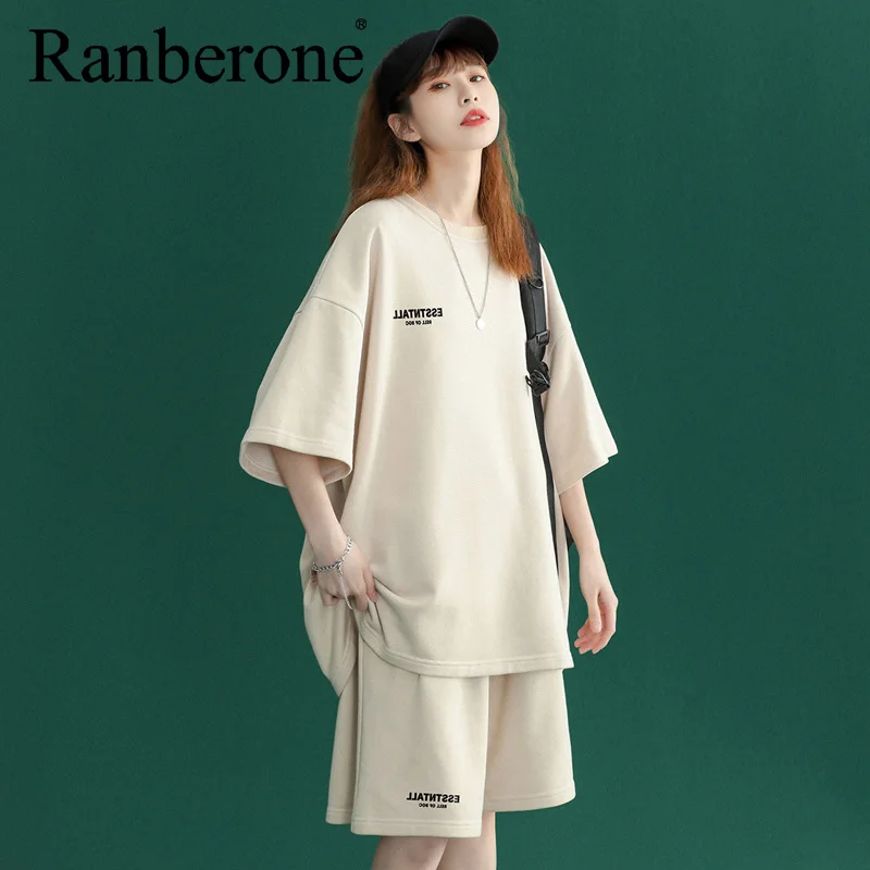 Ranberone модный спортивный костюм оверсайз повседневный комплект одежды для бега и