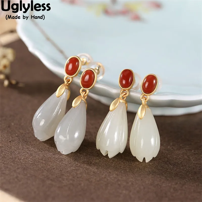 

Uglyless Elegant Floral Magnolia Earrings for Women 100% Real Gemstones Jade Dress Jewelry Gold 925 Silver Agate Brincos Bijoux