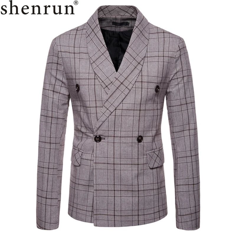 

Shenrun Men Blazers Spring Autumn Slim Fit Suit Jacket Fashion Check Double Breasted Formal Casual Blazer Business Work Office