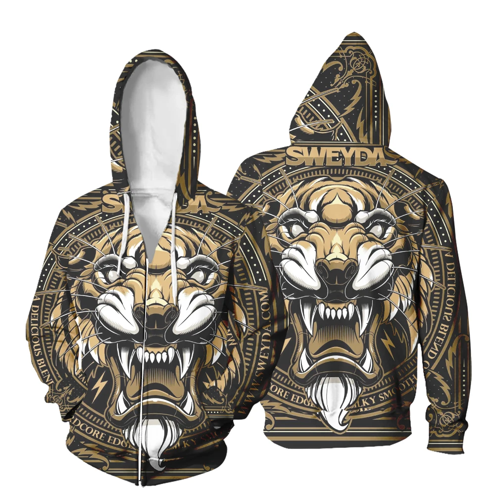 Пуловер с 3d-застежкой-молнией животное рисунок льва и тигра в стиле хип-хоп Harajuku