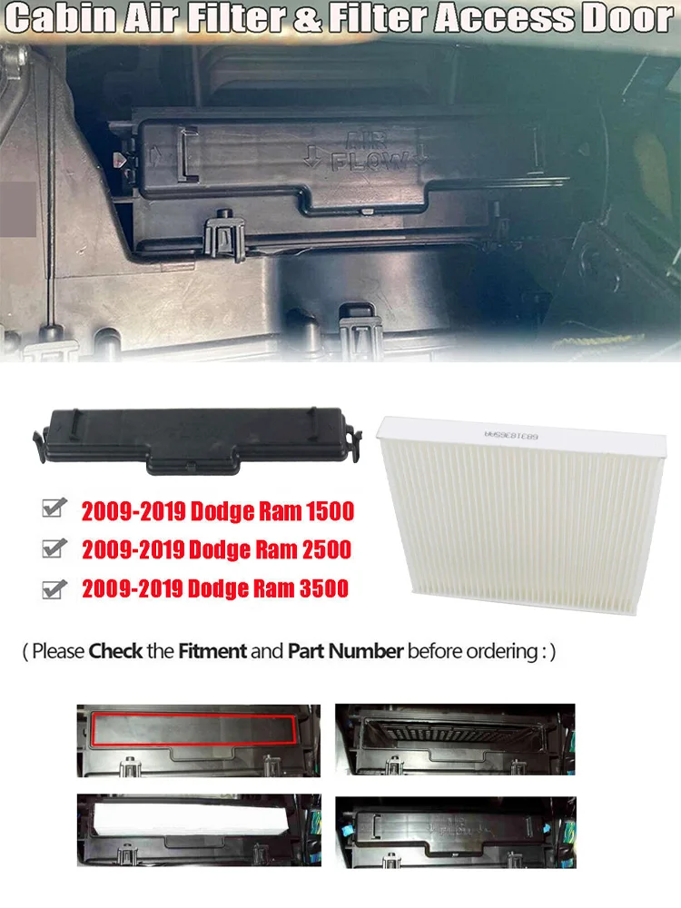 Cabin Air Filter A/C Filter Door Cover Replacement for Dodge Ram 1500 2500 3500 Jeep Chrysler 68406048AA/68318365AA/68052292AA
Cabin Air Filter A/C Filter Door Cover Replacement for Dodge Ram 1500 2500 3500 Jeep Chrysler 68406048AA/68318365AA/68052292AA
