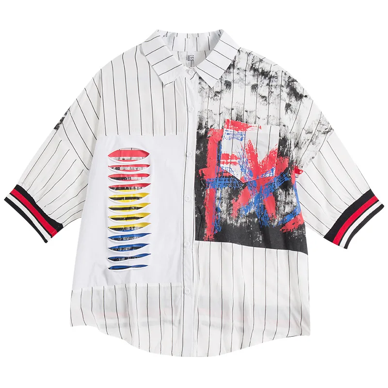2021 INS Loose Striped Blouse Trendy Girls Street Tops Half Sleeve Colorful Print Patched Holes Summer Women Shirt Blusas Mujer
2021 INS Loose Striped Blouse Trendy Girls Street Tops Half Sleeve Colorful Print Patched Holes Summer Women Shirt Blusas Mujer