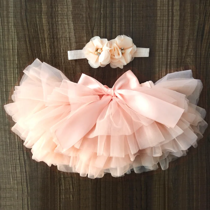 

2pcs Tulle Lace Bloomers Diaper Cover Skirts Baby Girl Tutu Skirt Newborn Infant Outfits Headband Flower Set Baby Mesh Bloomer