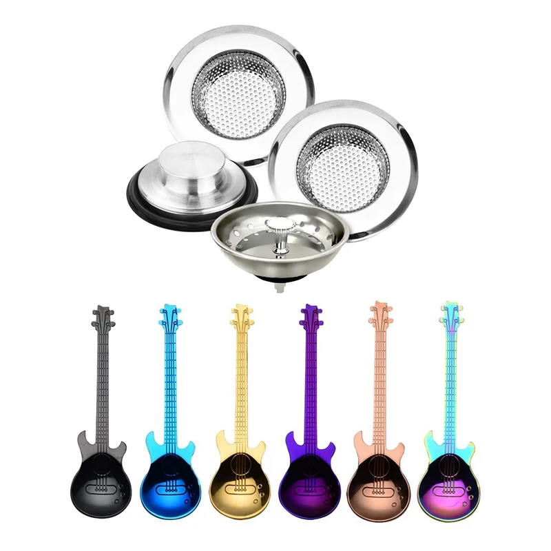 2 набора кухонных принадлежностей: 1 набор фильтров для раковины, стопор для слива и 1 набор чайных ложек из нержавеющей стали в форме гитары
2 набора кухонных принадлежностей: 1 набор фильтров для раковины, стопор для слива и 1 набор чайных ложек из нержавеющей стали в форме гитары
