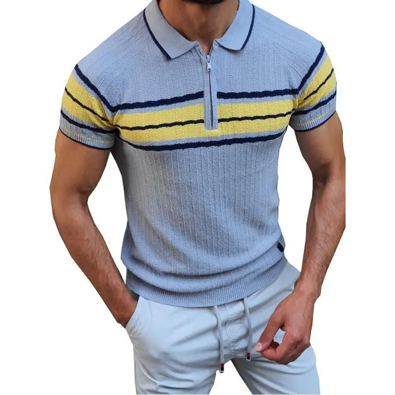 Men Summer top Color Block Patchwork Knitted Short Sleeves Striped Button Golf Polo Shirts
Men Summer top Color Block Patchwork Knitted Short Sleeves Striped Button Golf Polo Shirts