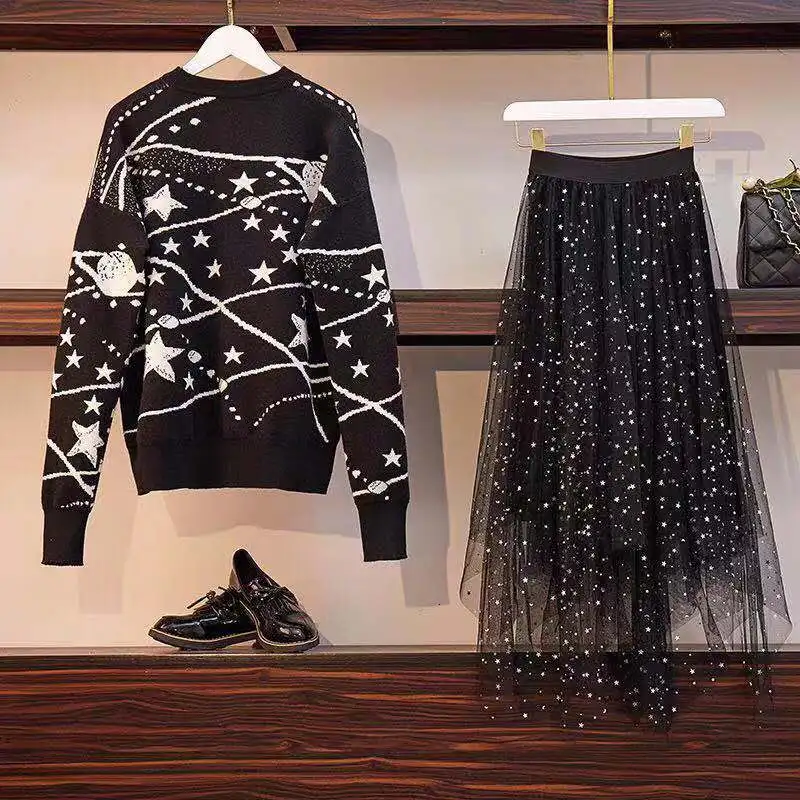 Women Knit Two Piece Set 2019 Autumn Winter New Sweater Tops And Star Mesh Skirt Knitted Suits Elegant Long Sleeve Pullovers | Женская