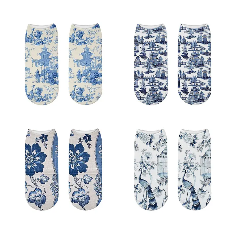 

New Fashion Soft Cotton Women Short Socks Novelty Patterns of Chinese ceramics Happy Socks Animal Kawaii Funny Ankle Sock