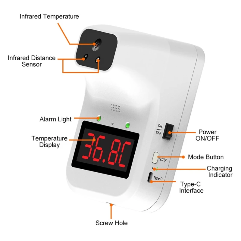Wall Mounted USB Infrared Thermometer Non Contact with / Display Fever Alarm Accurate Reading for Indoor Outdoor 
Wall Mounted USB Infrared Thermometer Non Contact with / Display Fever Alarm Accurate Reading for Indoor Outdoor