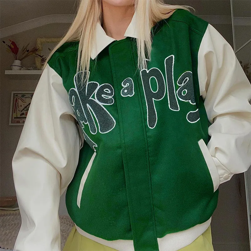 Women Loose Zip Up Baseball Jackets 2021 Autumn Varsity Hiphop Streetwear Casual Long Sleeve Letter Embroidery Coat with Pockets
Women Loose Zip Up Baseball Jackets 2021 Autumn Varsity Hiphop Streetwear Casual Long Sleeve Letter Embroidery Coat with Pockets