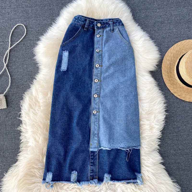 High Waist Denim Skirt Women Single Breasted Fashion Spliced Asymmetry Mid Long Skirt Female Pocket Loose Summer Jeans Skirts
High Waist Denim Skirt Women Single Breasted Fashion Spliced Asymmetry Mid Long Skirt Female Pocket Loose Summer Jeans Skirts