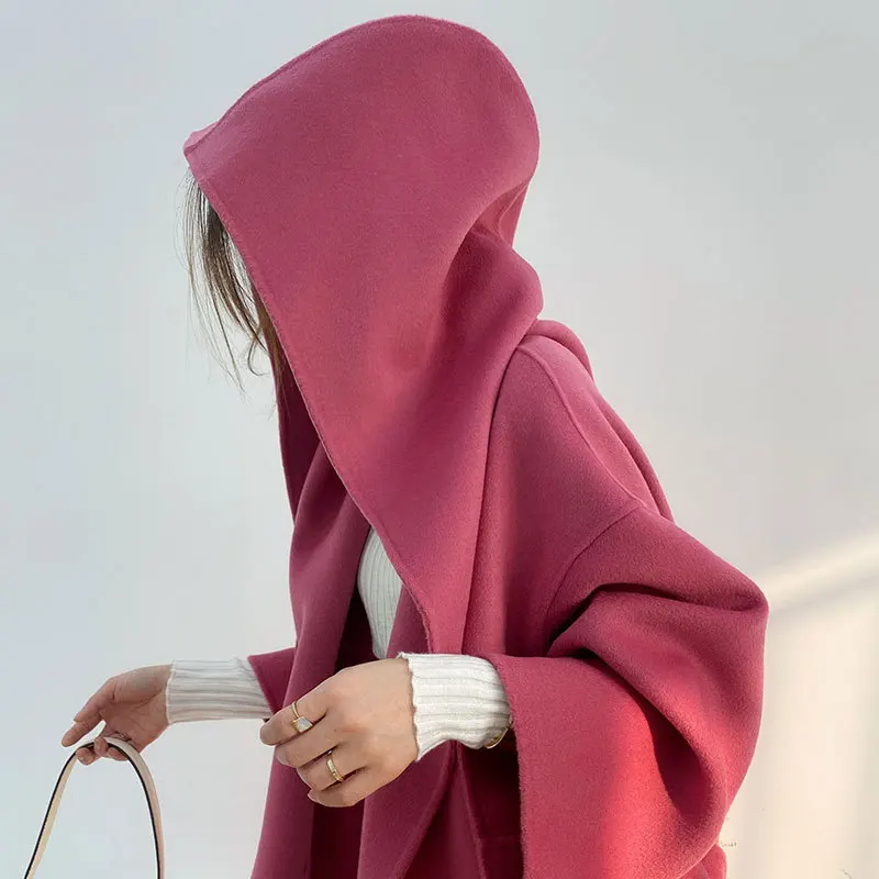 Корейский Розовый Красный двухстороннее длинное шерстяное пальто с капюшоном