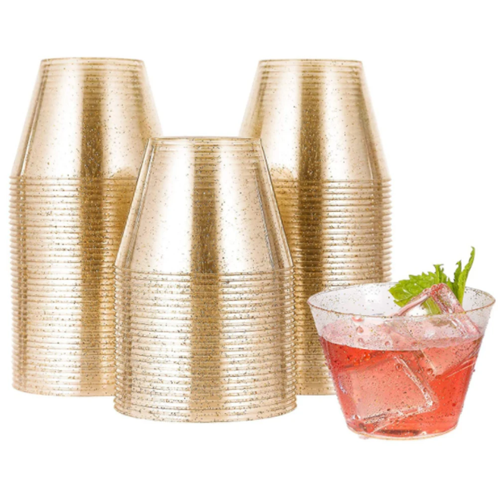 

25Pcs Disposable Gold Glitter 9OZ Plastic Cups Clear Plastic Tumblers Wedding Thanksgiving Christmas Party Cups New