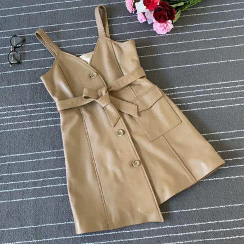 Autumn Office Lady Sheepskin Sling A-Line Dress Single-Breasted Sashes Slim Fit Women Real Leather Asymmetric Mid-Length Dress
Autumn Office Lady Sheepskin Sling A-Line Dress Single-Breasted Sashes Slim Fit Women Real Leather Asymmetric Mid-Length Dress