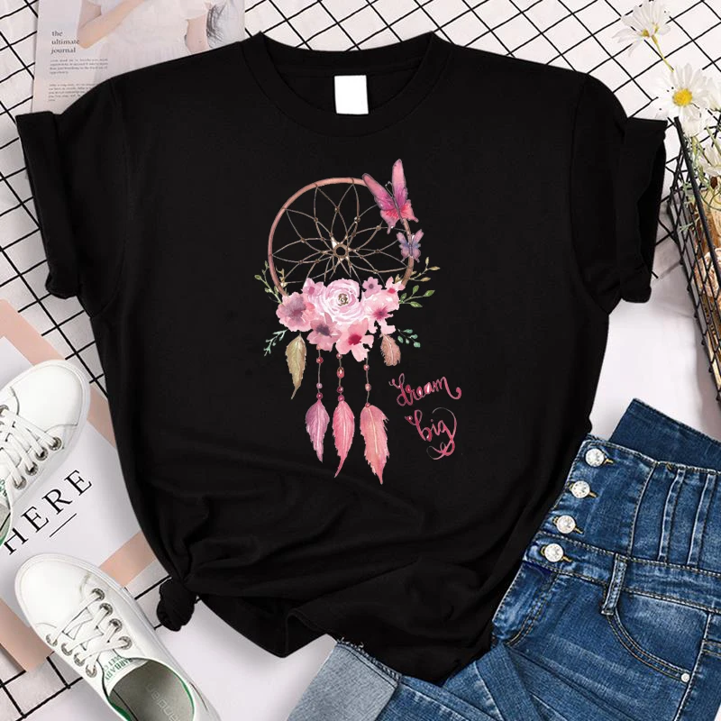 

Printed T-Shirt Fairy Grunge Urban Short Sleeve T-Shirts For Girls Pink Dream Catcher Cartoon Women 90s Women's Summer Top