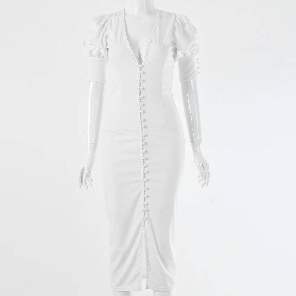 Single Cloth Button V Neck Dress Sexy Summer Lantern Shoulder Short Sleeve Dress Women Female Party Midi Dress
Single Cloth Button V Neck Dress Sexy Summer Lantern Shoulder Short Sleeve Dress Women Female Party Midi Dress