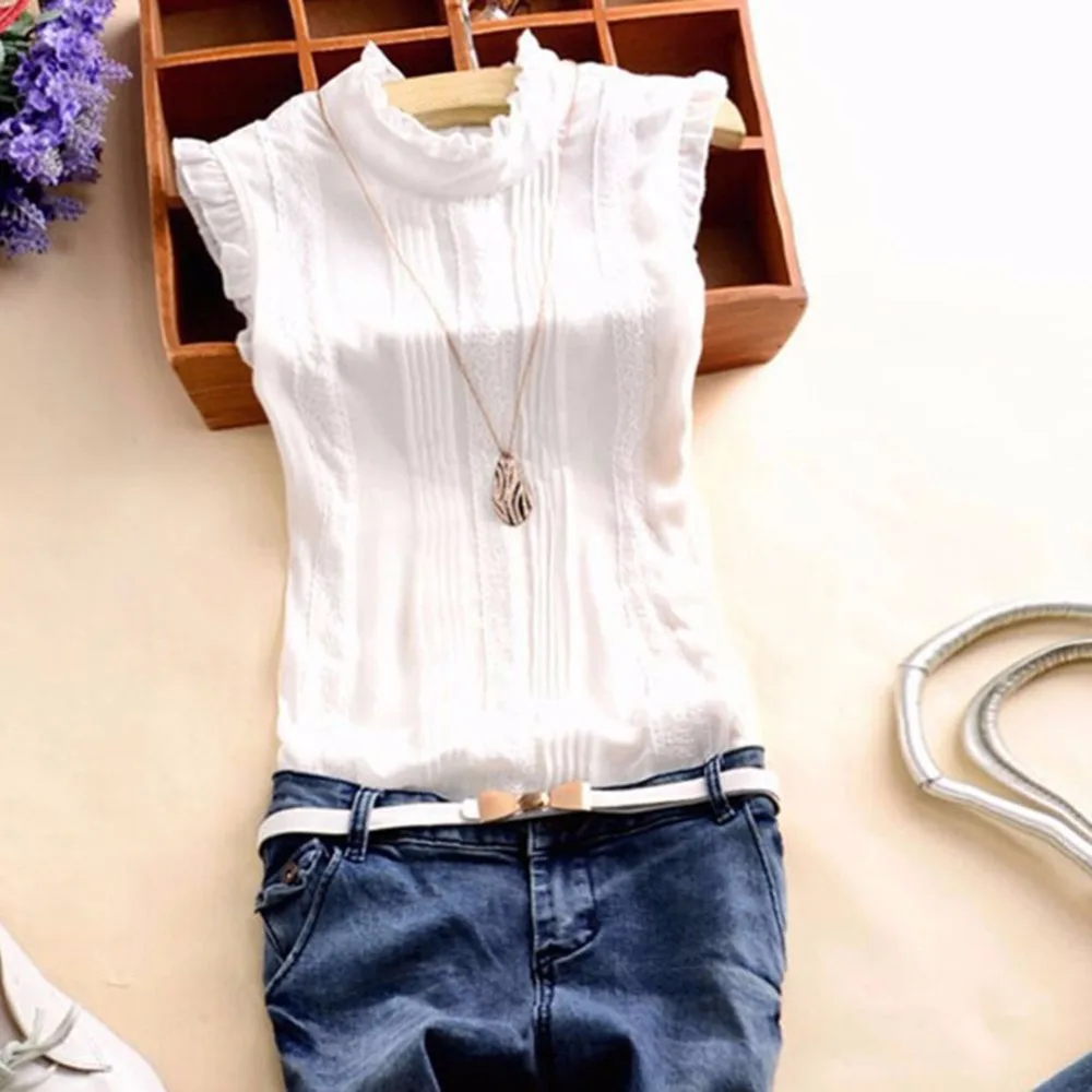 

2021 Summer Style Vogue Women Ruffle Sleeve Neck Slim Fitted Shirts Casual Office Lady White Blouse Tops