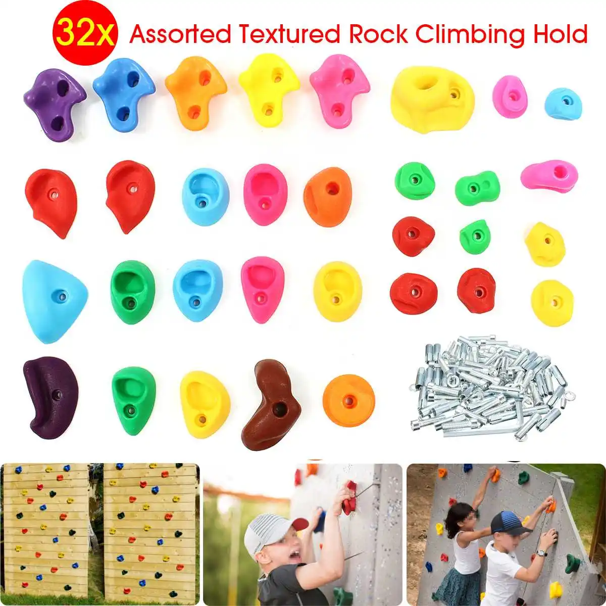 

32Pcs/set Assorted Textured Rock Climbing Frame Mixed Color Rock Climbing Wall Stones Hand Feet Holds Grip kids Sport Toys