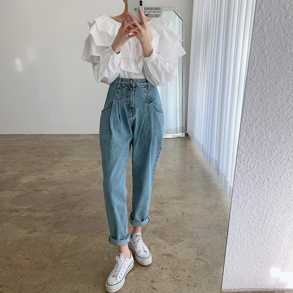 Women Pants 2021 Summer Korean Chic All-Match High-Waist Double-Pocket Thin Folds Washable Blue Straight-Leg Jeans
Women Pants 2021 Summer Korean Chic All-Match High-Waist Double-Pocket Thin Folds Washable Blue Straight-Leg Jeans