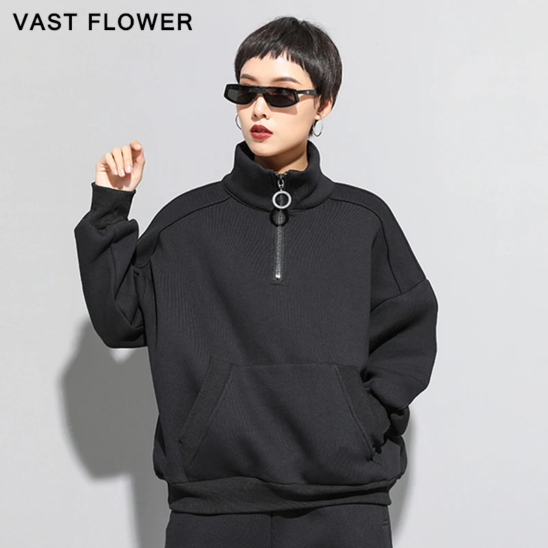 Oversize Sweatshirts Women Stand Collar Pullover Black Pocket Zipper Plus Size Thicken Fashion Loose Clothes Autumn Winter 2021
Oversize Sweatshirts Women Stand Collar Pullover Black Pocket Zipper Plus Size Thicken Fashion Loose Clothes Autumn Winter 2021