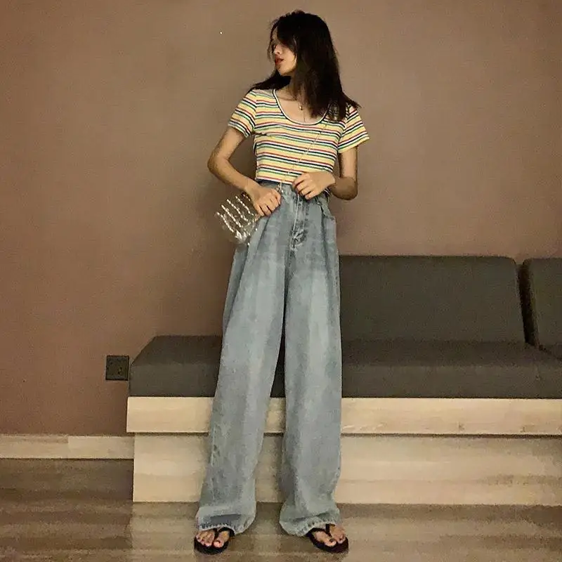 Korean retro elegant denim wide leg pants women's 2020 spring high waist loose slim dad straight tube floor pants
Korean retro elegant denim wide leg pants women's 2020 spring high waist loose slim dad straight tube floor pants