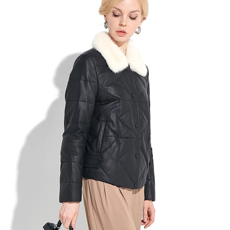 Genuine coat women winter real sheepskin leather mink fur collar office lady jacket
Genuine coat women winter real sheepskin leather mink fur collar office lady jacket