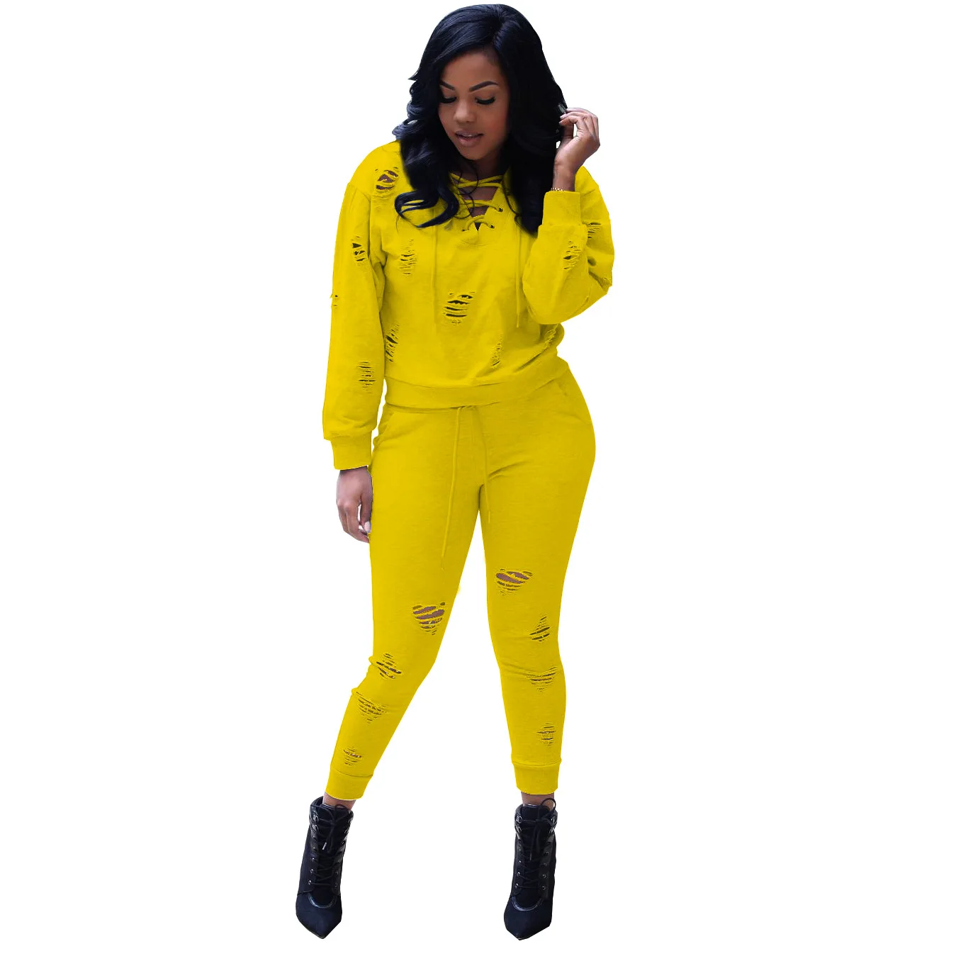 2020 Autumn New Sports Suit European and American Women's Solid Color Elastic Sports Hollow Sweater Pants Two-Piece Set
2020 Autumn New Sports Suit European and American Women's Solid Color Elastic Sports Hollow Sweater Pants Two-Piece Set