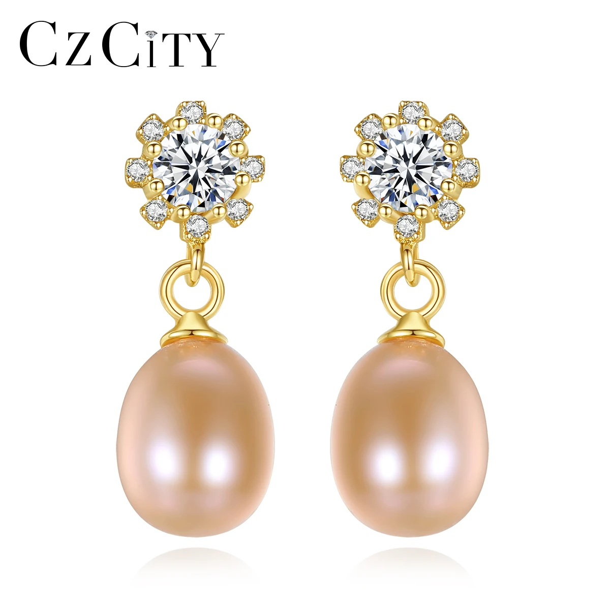 

CZCITY Charm Pearl Stud Earrings with AAA Cubic Zircon 925 Sterling Silver Earrings for Women Wedding Fine jewelry Gifts FE0310