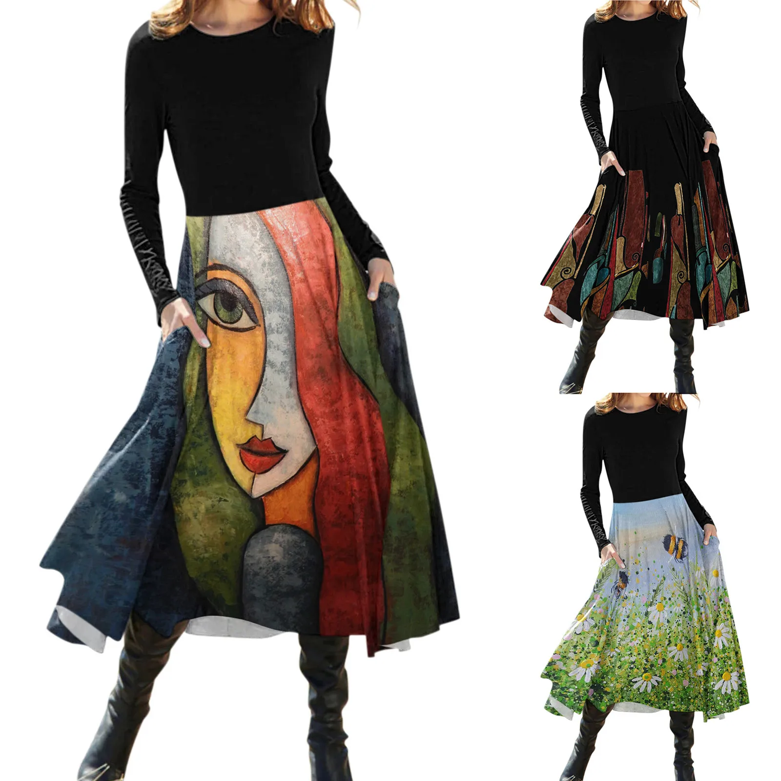 Autumn and Winter Fashion Dress Women Casual Long Sleeve O-Neck Print Ladies Loose T-shirt Mid-Long Dress With Pocket Dress
Autumn and Winter Fashion Dress Women Casual Long Sleeve O-Neck Print Ladies Loose T-shirt Mid-Long Dress With Pocket Dress