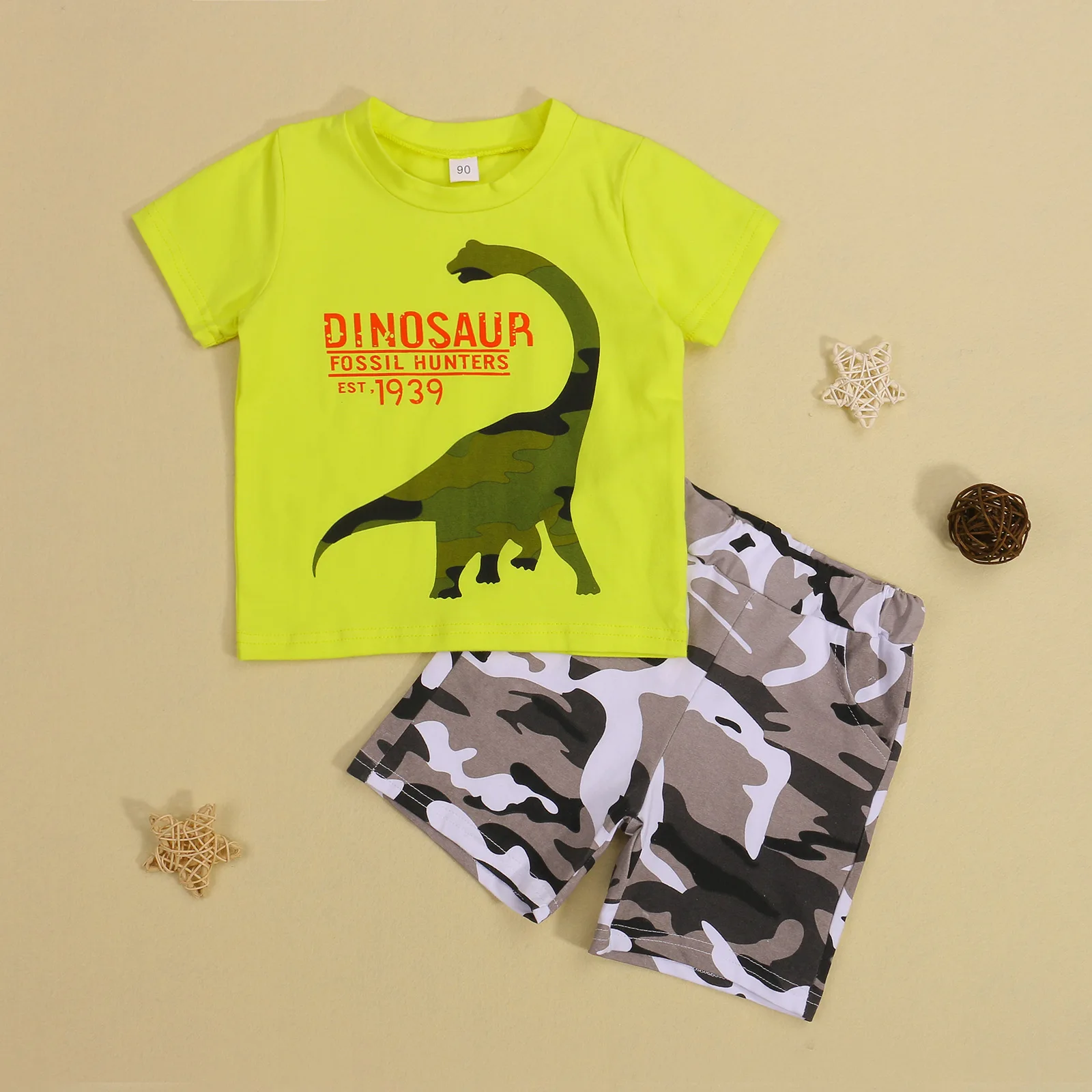 Toddler Boy 2Pcs Clothes Set, Short Sleeve Dinosaur T-Shirt + Camouflage Shorts Set
Toddler Boy 2Pcs Clothes Set, Short Sleeve Dinosaur T-Shirt + Camouflage Shorts Set