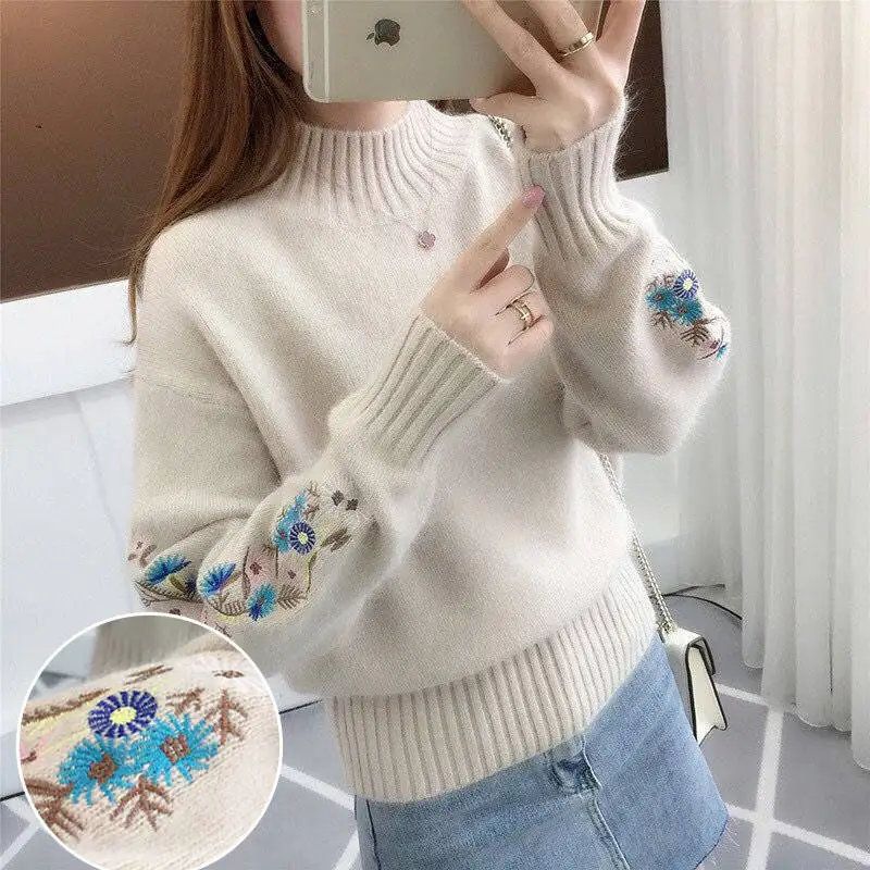 

Woman Sweaters Women's Cored Yarn Turtleneck Sweater Embroidered Knitwear Autumn Winter Coat Femme Chandails Pull Hiver