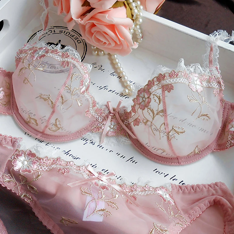 

Seven Wish New Free Shipping Exquisite Embroidery Lotus Pink Ultra-Thin Women's Sexy Transparent Lace Underwear Bra Lingerie Set