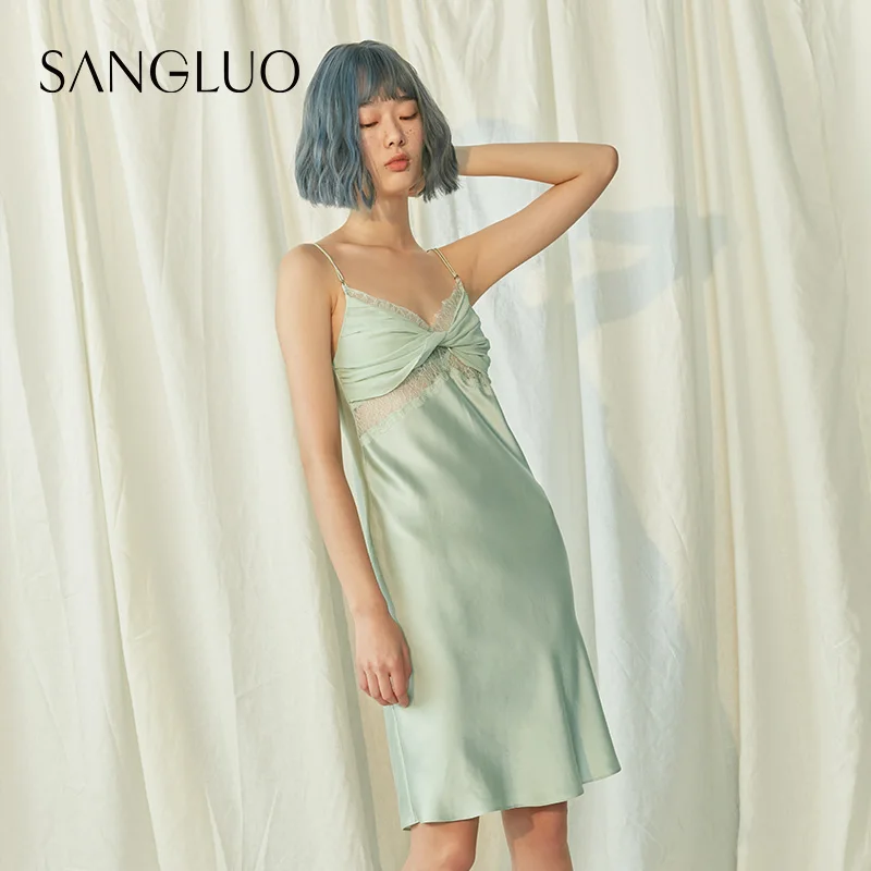 

★Lace hollow out sexy mint green SANGLUO silk pajamas, black and white mulberry silk dress harness nightgown