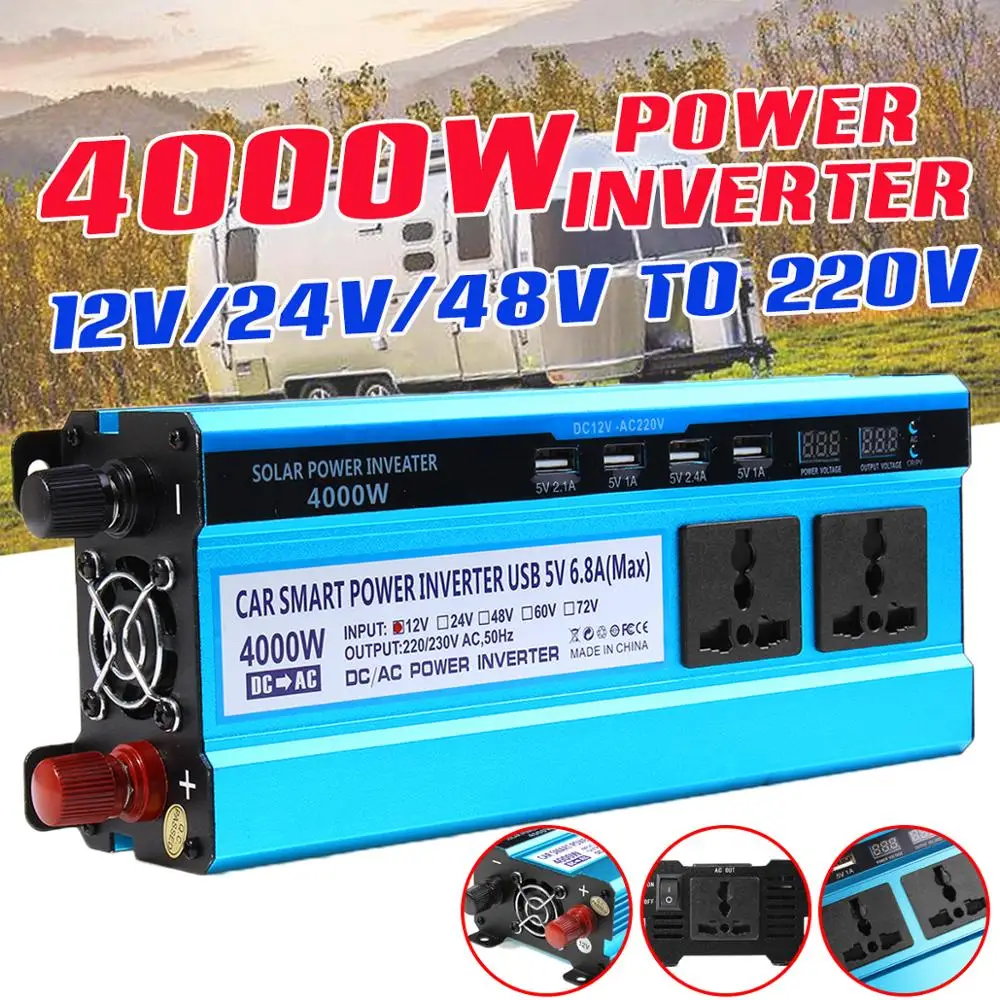 4000W Car Inverter DC 12V 24V 48V To AC 220V Voltage Convertor Transformer Solar Double LED Display 4 USB Power Inverter
4000W Car Inverter DC 12V 24V 48V To AC 220V Voltage Convertor Transformer Solar Double LED Display 4 USB Power Inverter