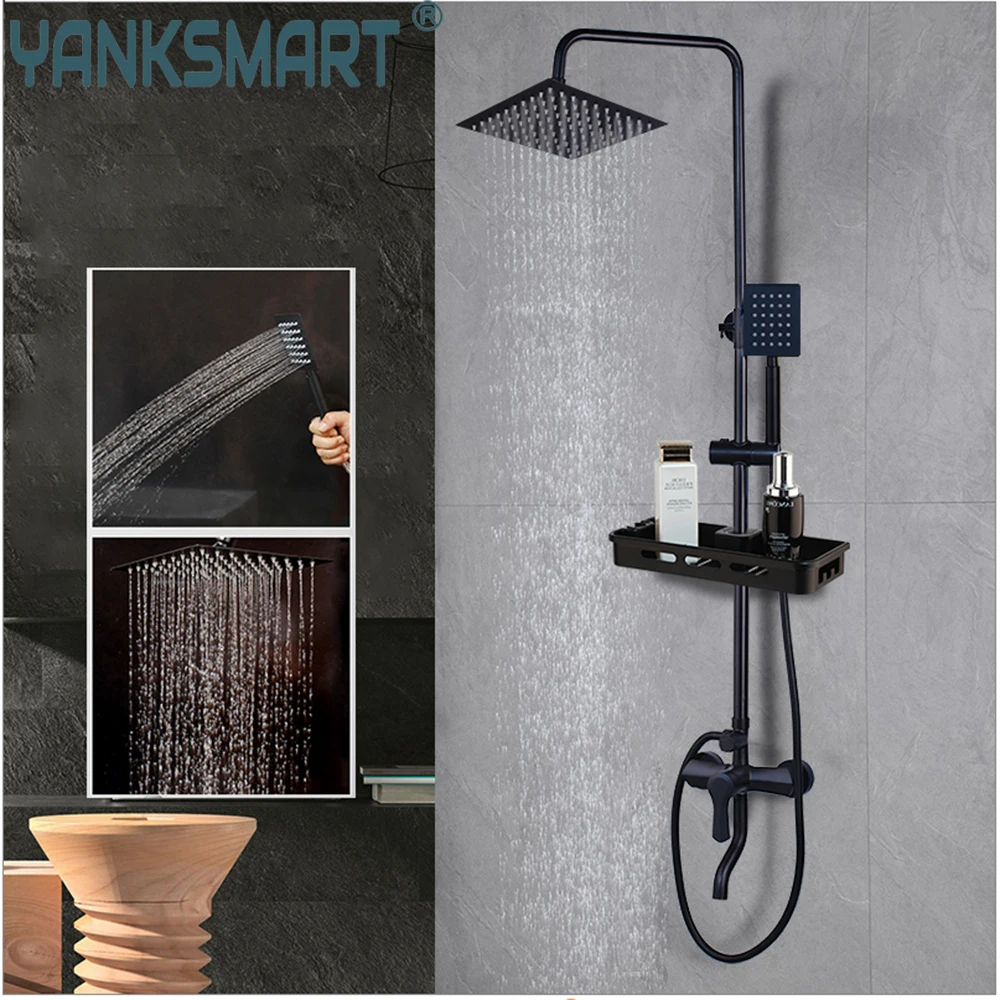 YANKSMART Black Wall Mount Shower Set with shelf Faucet Rainfall shower Head with Handshower Bathroom ORB Shower Mixer Tap sets
YANKSMART Black Wall Mount Shower Set with shelf Faucet Rainfall shower Head with Handshower Bathroom ORB Shower Mixer Tap sets