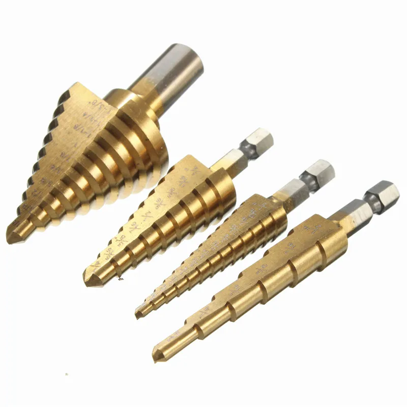 4pcs/Set 1/4 Inch Hex Shank 3/8 Inch HSS 4241 Titanium Coated Step Drill Bits Round Shank High Speed Steel Drill Bits 
4pcs/Set 1/4 Inch Hex Shank 3/8 Inch HSS 4241 Titanium Coated Step Drill Bits Round Shank High Speed Steel Drill Bits