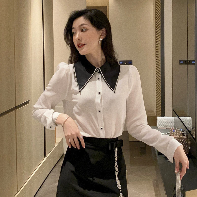 New Fashion Elegant Crystal Beading Chiffon Blouses Women 2022 White Long Sleeve Shirt Office Blouse Casual Female Top Mujer
New Fashion Elegant Crystal Beading Chiffon Blouses Women 2022 White Long Sleeve Shirt Office Blouse Casual Female Top Mujer