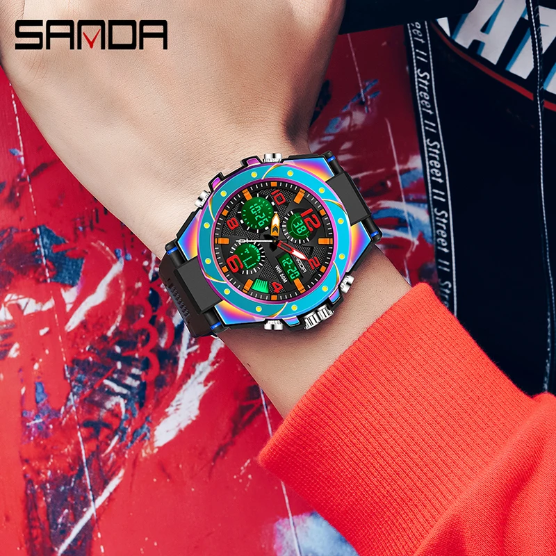 SANDA Top Brand Men Watch For Clock Dual Display Outdoor Military Sports waterproof S shock Symphony bezel | Наручные часы