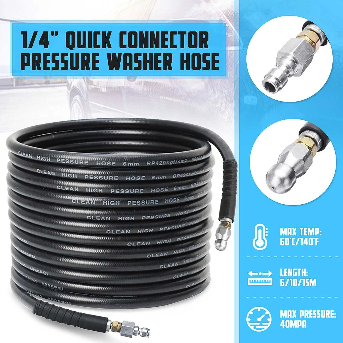 6m/10m/15m 1/4" Quick Connect High Pressure Washer Extension Hose Car Washing Cleaning Pipe Cord Jet Nozzle for Water Spray Guns
6m/10m/15m 1/4" Quick Connect High Pressure Washer Extension Hose Car Washing Cleaning Pipe Cord Jet Nozzle for Water Spray Guns