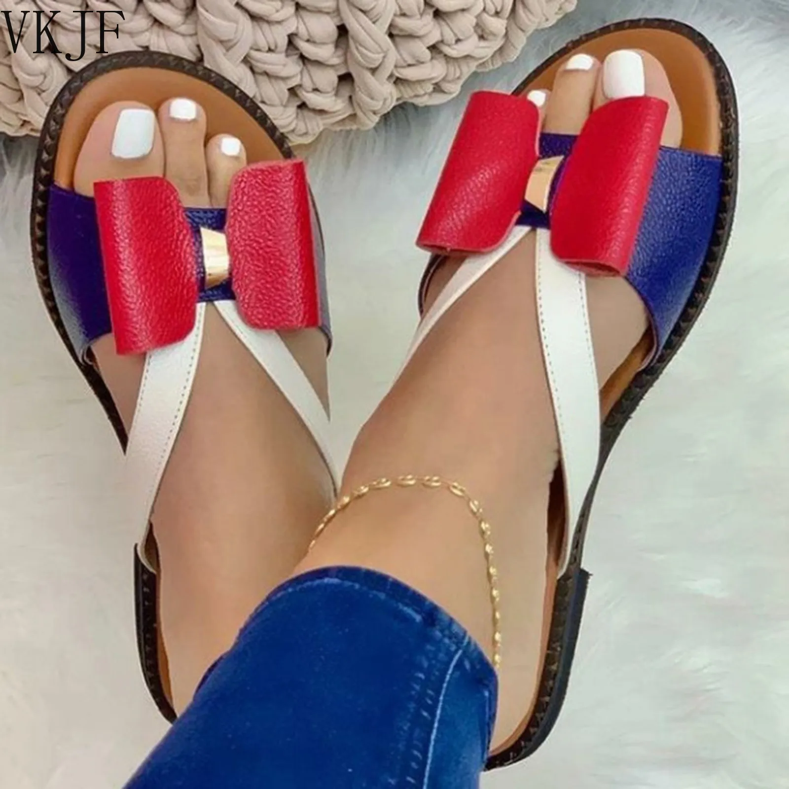 

Women Shoes 2021 Summer Women Fashion Flat Color Blocking Bowknot Large Size Sandals Slippers PU Beach Outdoor Slides