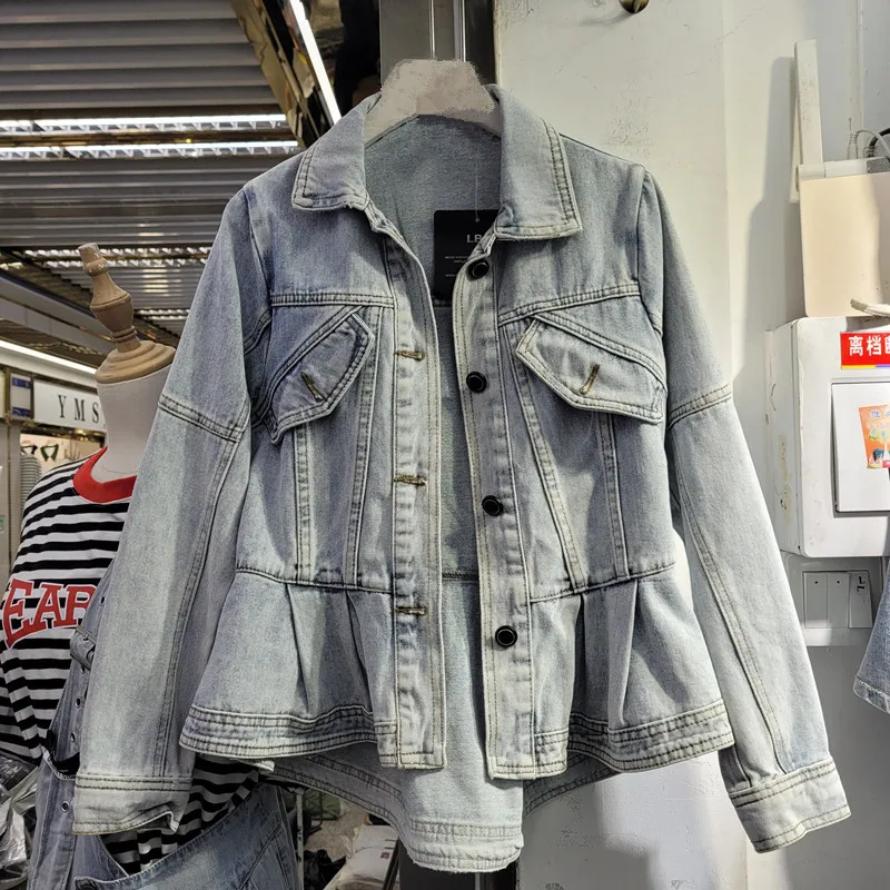 Spring Autumn Vintage Wash Blue Denim Jackets Women Korean Outerwear Long Sleeve Slim Short Hem Ruffle Jeans Jacket Coat Female
Spring Autumn Vintage Wash Blue Denim Jackets Women Korean Outerwear Long Sleeve Slim Short Hem Ruffle Jeans Jacket Coat Female